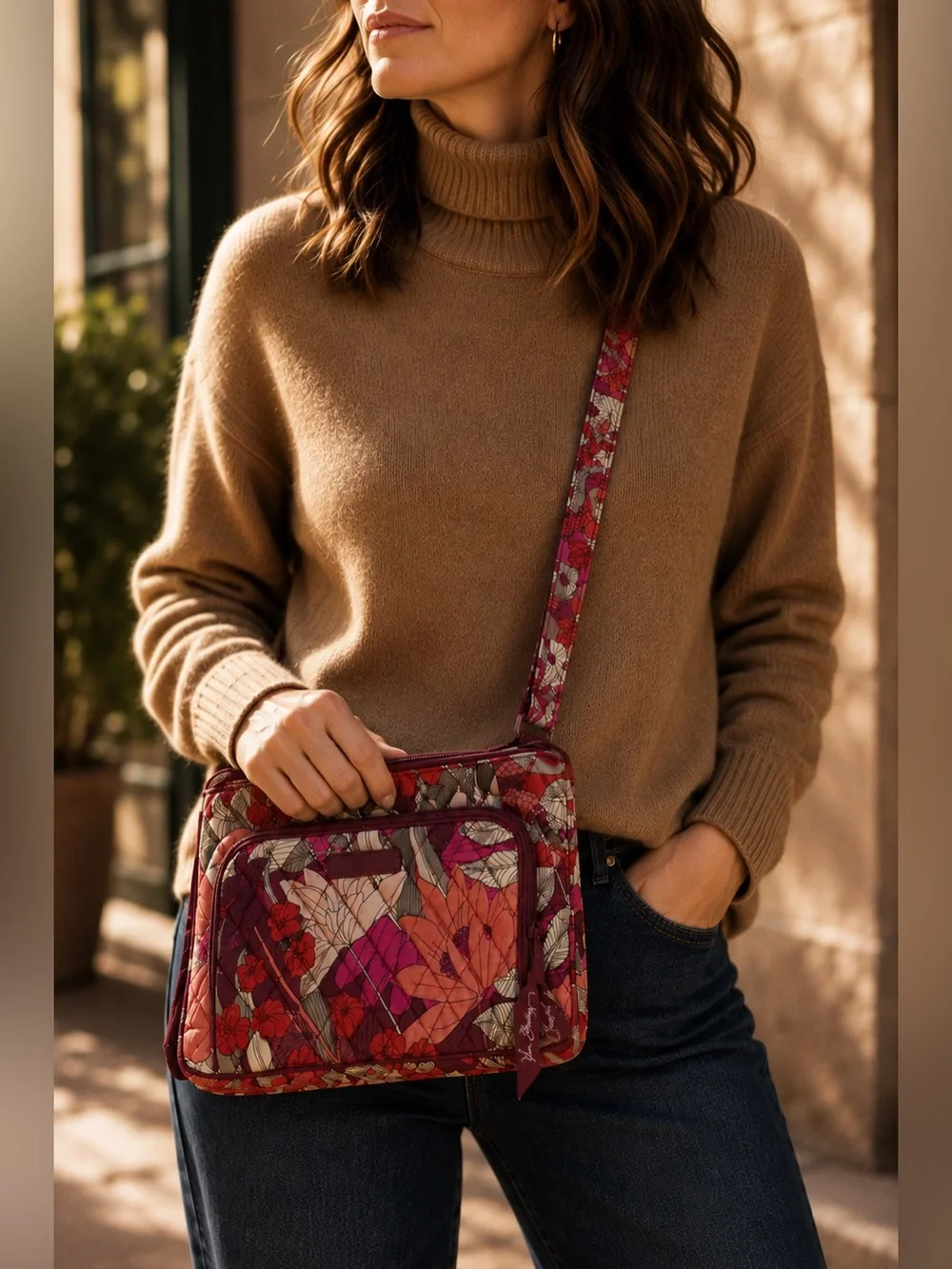 Vera Bradley Quilted Floral Crossbody Bag Pink Burgundy Multicolor Travel Purse